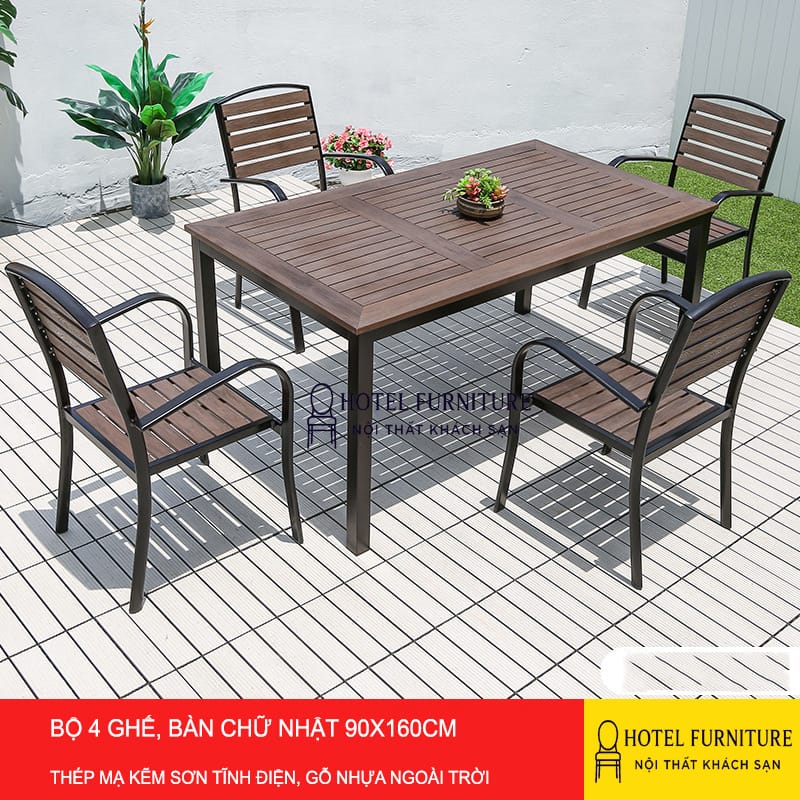 Bộ 4 ghế bàn chữ nhật 90x160cm ngoài trời