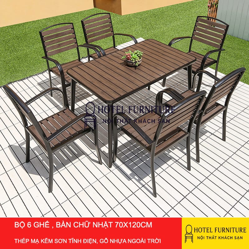 Bộ 6 ghế bàn chữ nhật 70x120cm ngoài trời