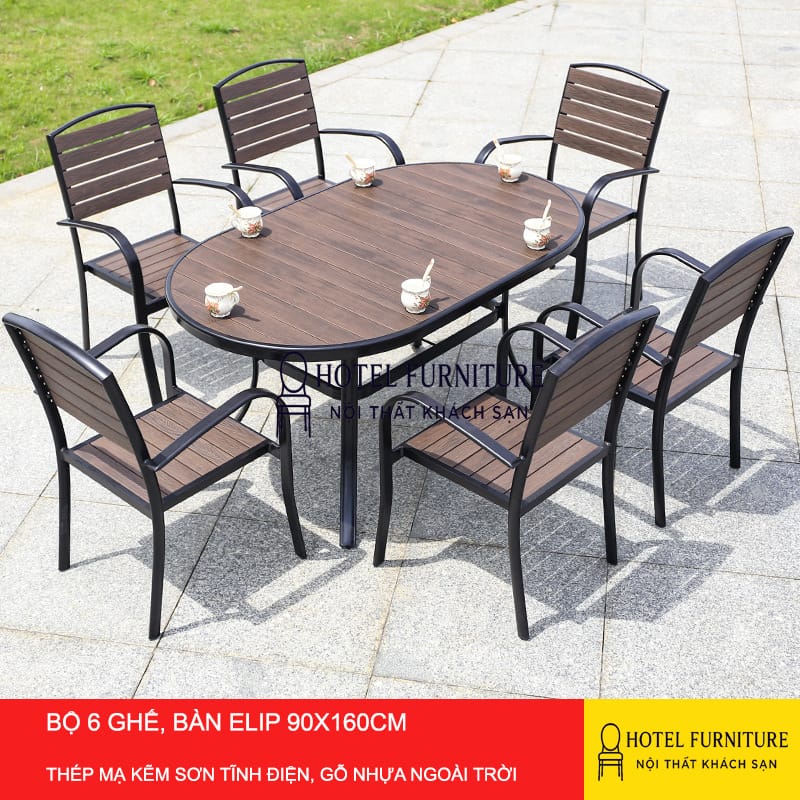 Bộ 6 ghế bàn elip 90x160cm ngoài trời